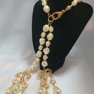 Extra Long Faux Pearl & Gold Necklace